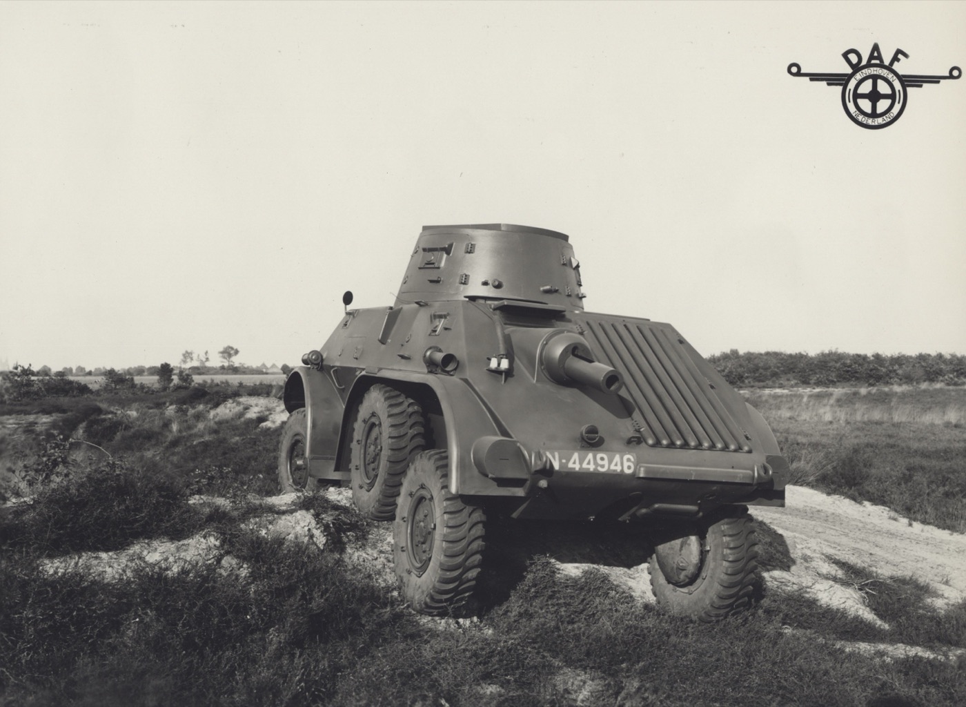 A DAF M39 armoured car on a test course